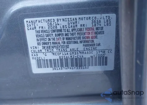 2016 Nissan Sentra Sr from USA, damaged, VIN 3N1AB7APXGY333182